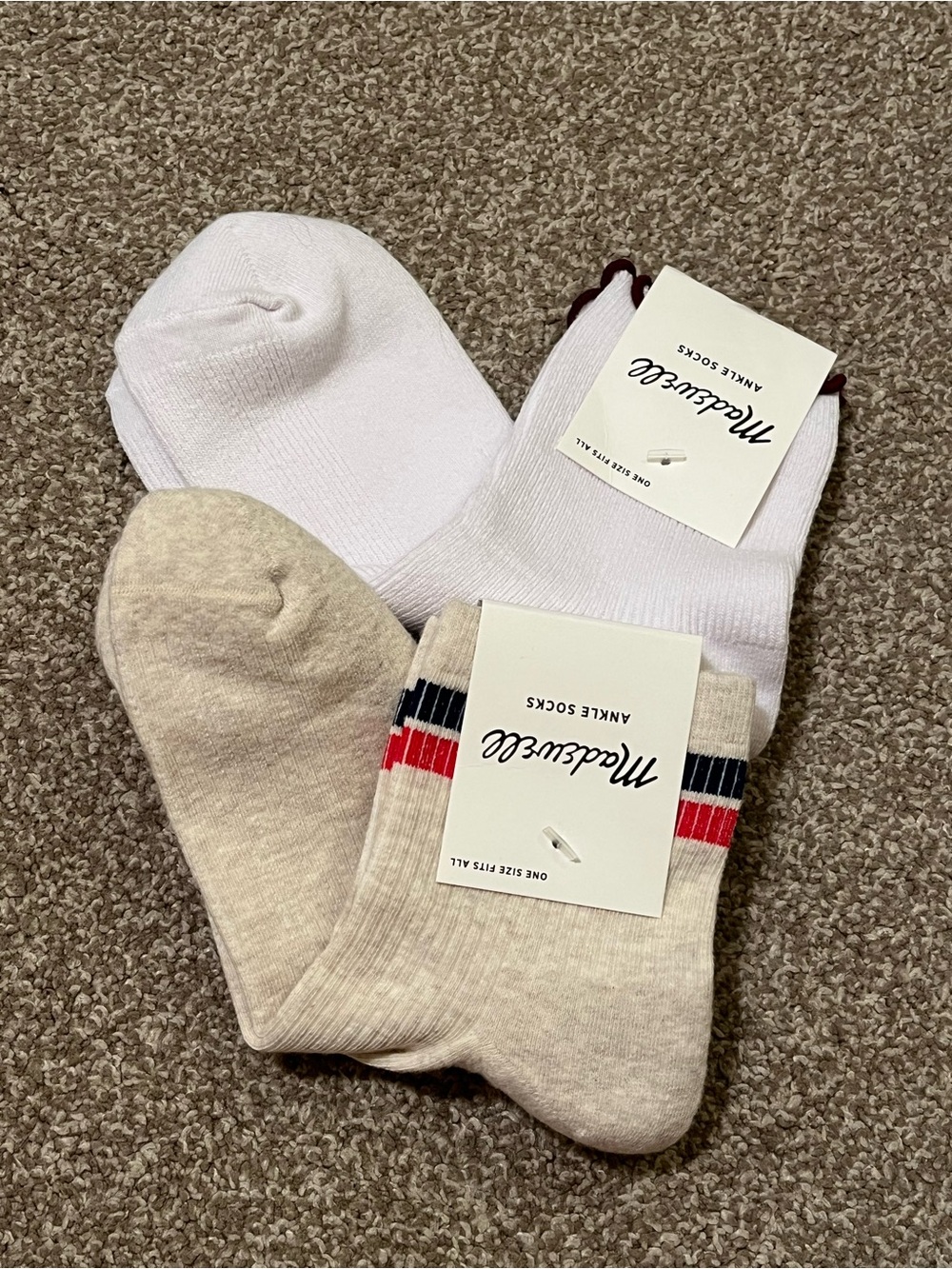 Madewell Ankle Socks (2 Pairs) - Beige & White crew socks Ruffle top stripe
